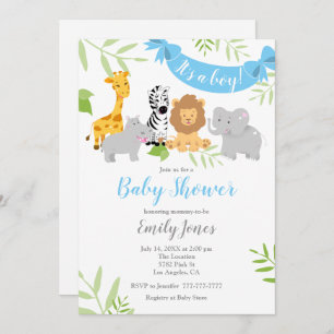 Cute Safari Animals Baby shower Boy Invitation Kaart