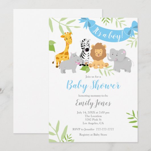 Cute Safari Animals Baby shower Boy Invitation Kaart (Voorkant / Achterkant)