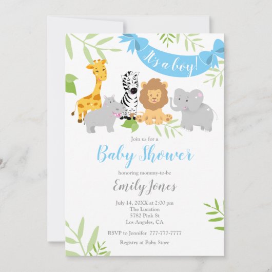 Cute Safari Animals Baby shower Boy Invitation Kaart (Voorkant)