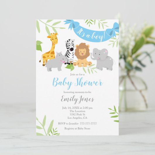 Cute Safari Animals Baby shower Boy Invitation Kaart (Staand voorkant)