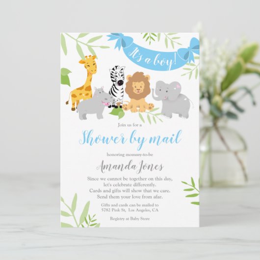 Cute Safari Animals Baby shower Boy Invitation Kaart (Staand voorkant)