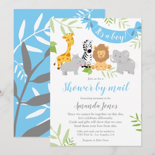 Cute Safari Animals Baby shower Boy Invitation Kaart (Voorkant / Achterkant)