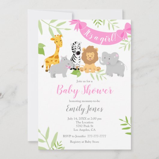 Cute Safari Animals Baby shower Girl Invitation Kaart (Voorkant)