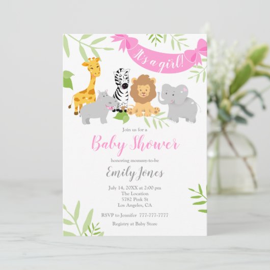 Cute Safari Animals Baby shower Girl Invitation Kaart (Staand voorkant)
