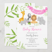 Cute Safari Animals Baby shower Girl Invitation Kaart (Voorkant / Achterkant)