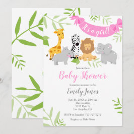 Cute Safari Animals Baby shower Girl Invitation Kaart