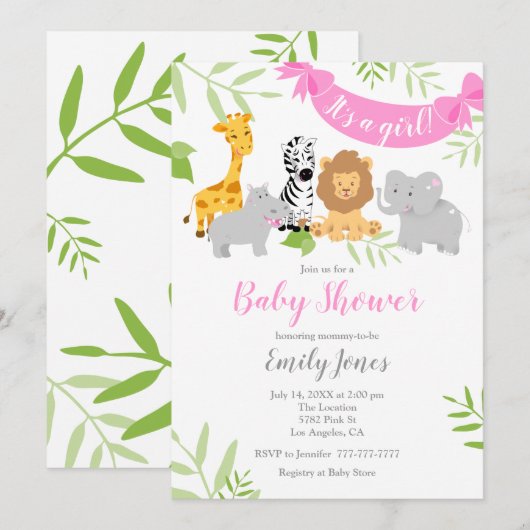 Cute Safari Animals Baby shower Girl Invitation Kaart (Voorkant / Achterkant)