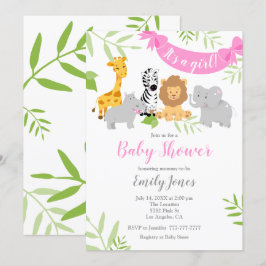 Cute Safari Animals Baby shower Girl Invitation Kaart