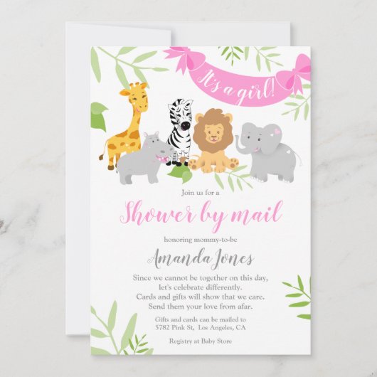 Cute Safari Animals Baby shower Girl Invitation Kaart (Voorkant)