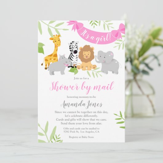 Cute Safari Animals Baby shower Girl Invitation Kaart (Staand voorkant)