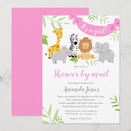 Cute Safari Animals Baby shower Girl Invitation Kaart (Voorkant / Achterkant)