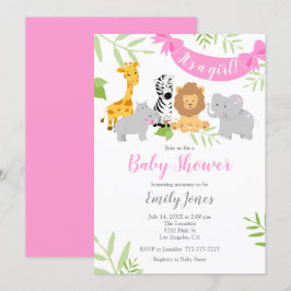 Cute Safari Animals Baby shower Girl Invitation Kaart