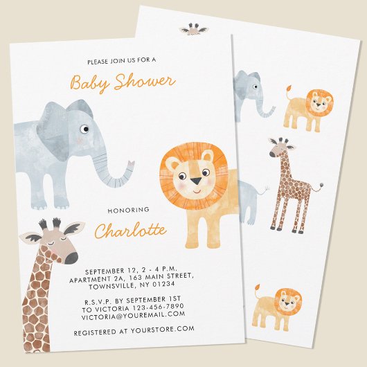 Cute Safari Animals Baby shower Invitation Kaart