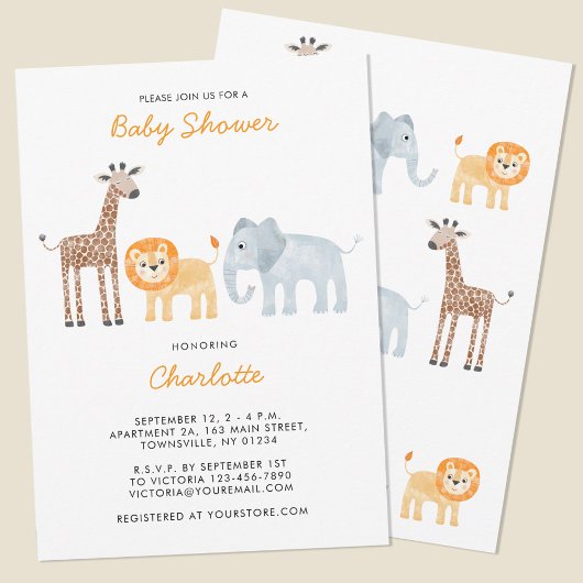 Cute Safari Animals Baby shower Invitation Kaart