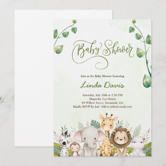 Cute Safari Animals Baby shower Invitation Kaart (Voorkant / Achterkant)