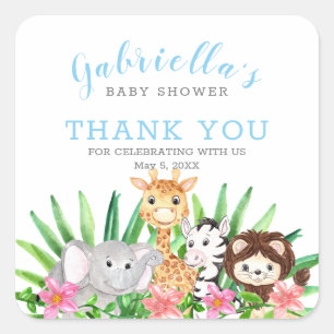 Cute Safari Animals  Blauw Baby shower Hartelijk d Vierkante Sticker
