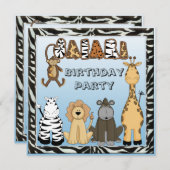 Cute Safari Animals Blue Birthday Party Kaart (Voorkant / Achterkant)