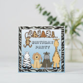 Cute Safari Animals Blue Birthday Party Kaart (Staand voorkant)