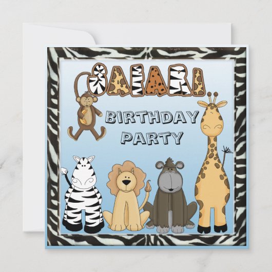 Cute Safari Animals Blue Birthday Party Kaart (Voorkant)