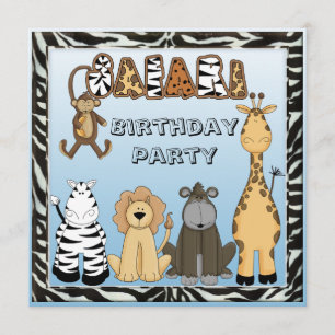 Cute Safari Animals Blue Birthday Party Kaart