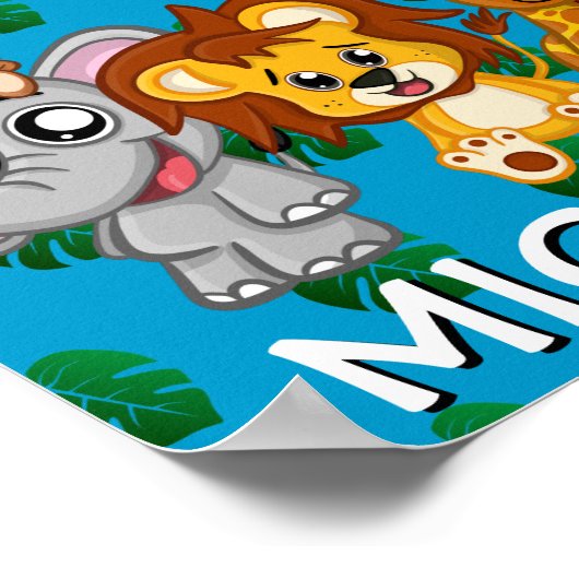 Cute Safari Animals Cartoon Oerwoud Name Blue Poster (Hoek)