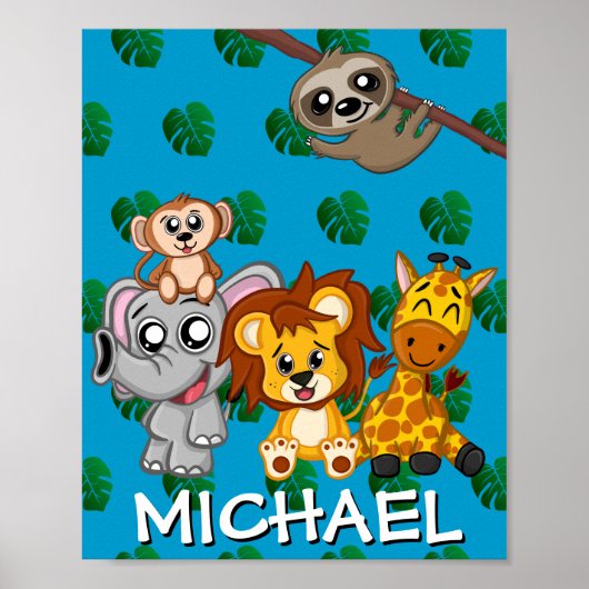 Cute Safari Animals Cartoon Oerwoud Name Blue Poster (Voorkant)