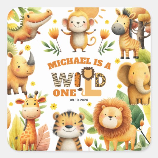 Cute Safari Animals Festive WILD ONE 1st Birthday  Vierkante Sticker (Voorkant)