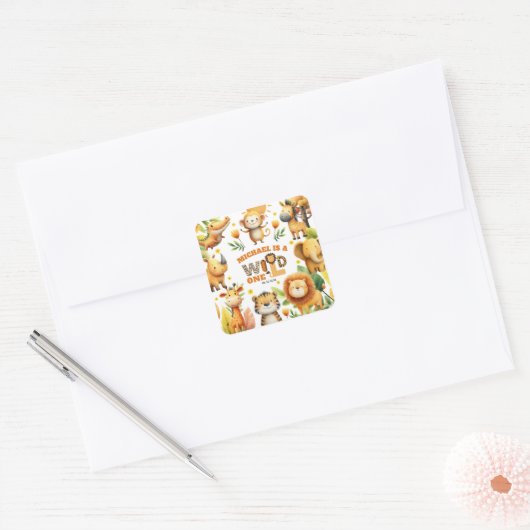 Cute Safari Animals Festive WILD ONE 1st Birthday  Vierkante Sticker (Envelop)