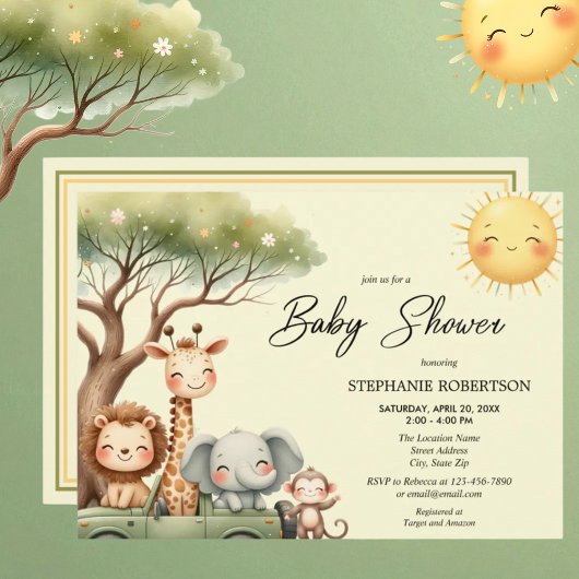 Cute safari animals gender neutral baby shower kaart