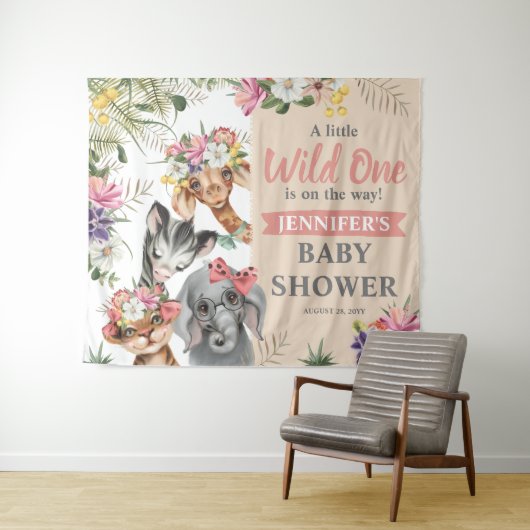 Cute Safari Animals Girl Baby shower Backdrop Sign Wandkleed (In Situ (horizontaal))