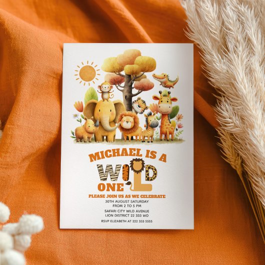 Cute Safari Animals Jungle WILD ONE 1st Birthday  Kaart