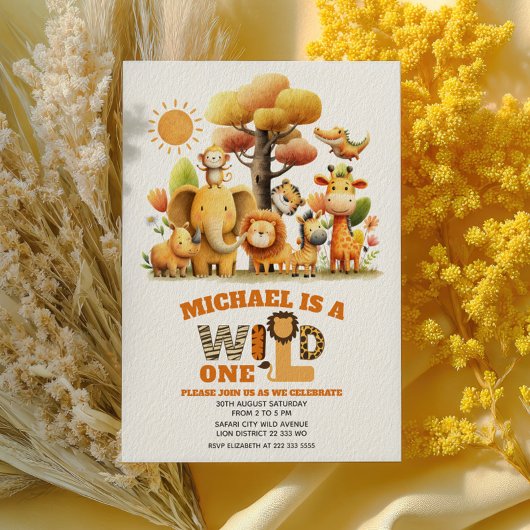 Cute Safari Animals Jungle WILD ONE 1st Birthday  Kaart