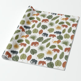 Cute Safari Animals & Leaves Birthday  Cadeaupapier