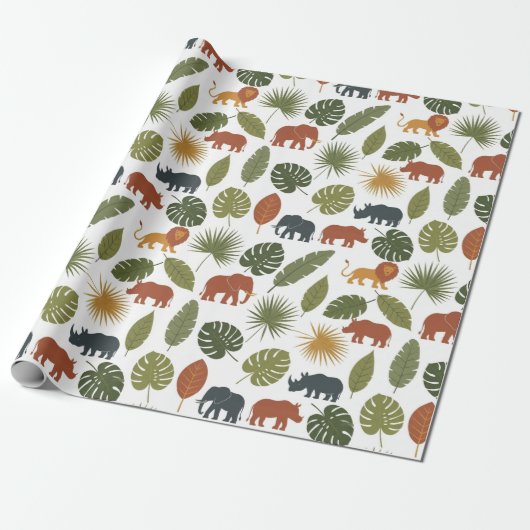 Cute Safari Animals & Leaves Birthday  Cadeaupapier (Uitgerold)
