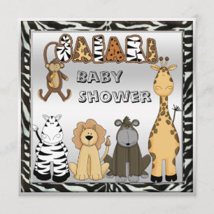Cute Safari Animals Neutral Silver Baby shower Kaart