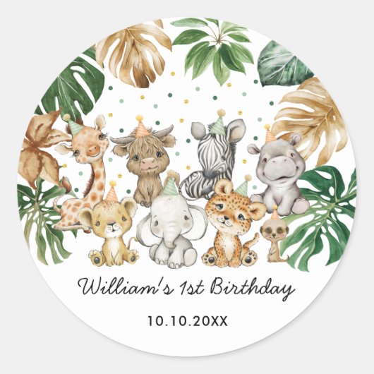 Cute Safari Animals Oerwoud Greenery Baby shower C Ronde Sticker (Voorkant)