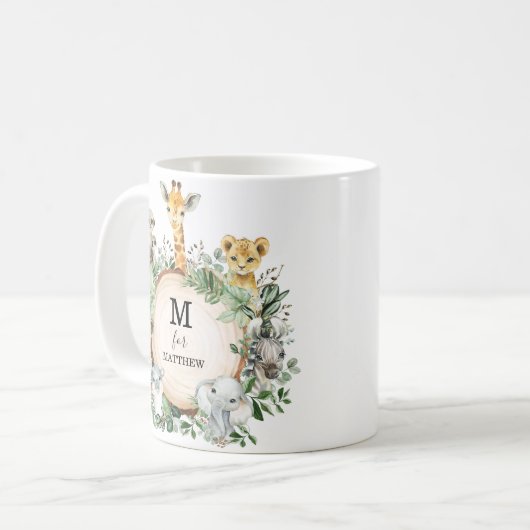 Cute Safari Animals Oerwoud Greenery Boy Monogram Koffiemok (Voorkant links)