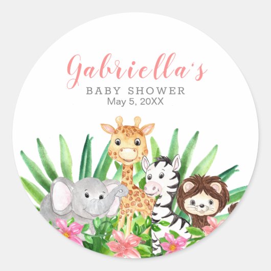 Cute Safari Animals | Roze Baby shower Ronde Sticker (Voorkant)