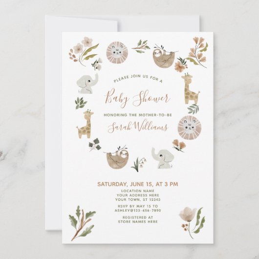 Cute Safari Animals Script Boho Baby shower Kaart (Voorkant)