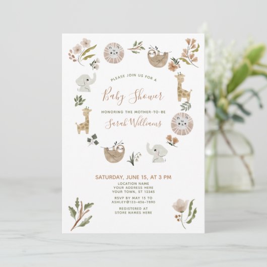 Cute Safari Animals Script Boho Baby shower Kaart (Staand voorkant)