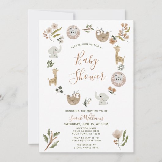 Cute Safari Animals Script Boho Baby shower Kaart (Voorkant)