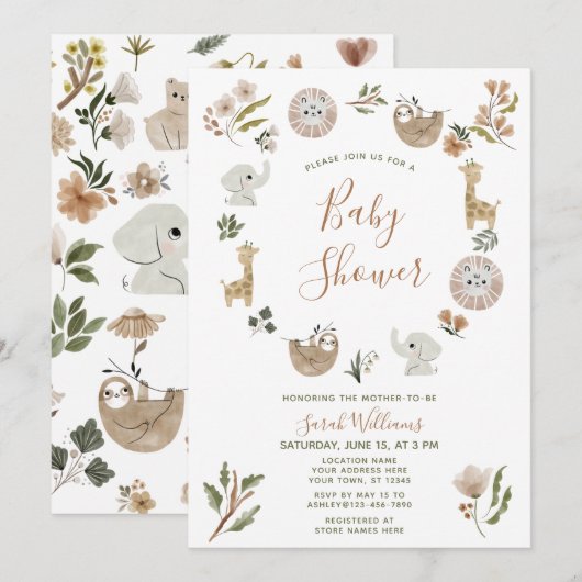 Cute Safari Animals Script Boho Baby shower Kaart (Voorkant / Achterkant)