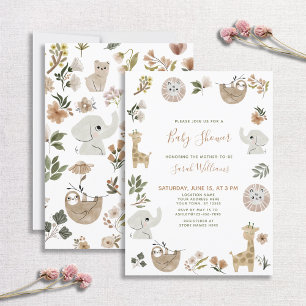 Cute Safari Animals Script Brown Boho Baby shower Kaart