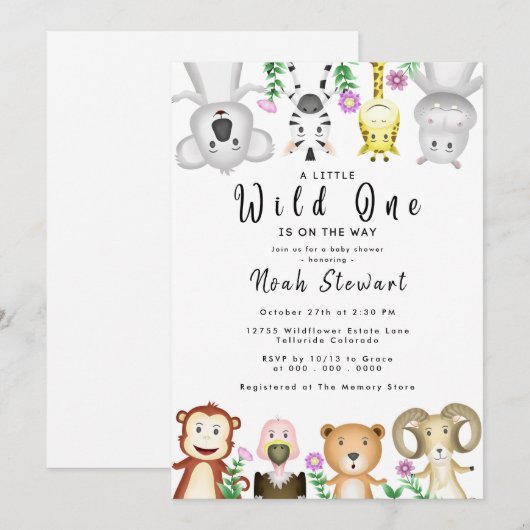 Cute Safari Animals Wild One Baby shower Kaart (Voorkant / Achterkant)