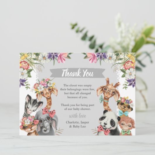 Cute Safari Animals Wild One Boy Baby shower Dank Bedankkaart (Staand voorkant)