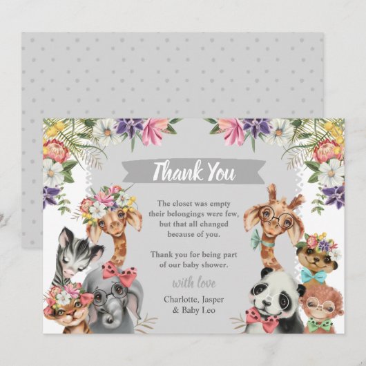 Cute Safari Animals Wild One Boy Baby shower Dank Bedankkaart (Voorkant / Achterkant)