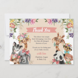 Cute Safari Animals Wild One Girl Baby shower Bedankkaart