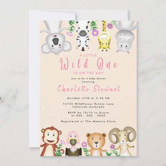 Cute Safari Animals Wild One Girl Baby shower Kaart (Voorkant)