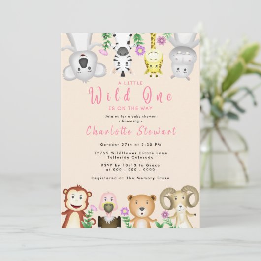 Cute Safari Animals Wild One Girl Baby shower Kaart (Staand voorkant)