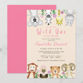 Cute Safari Animals Wild One Girl Baby shower Kaart (Voorkant / Achterkant)